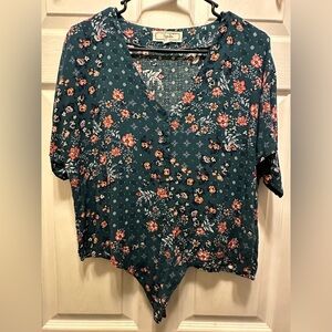 Hippie Rose Teal Floral V-Neck Button Front Top